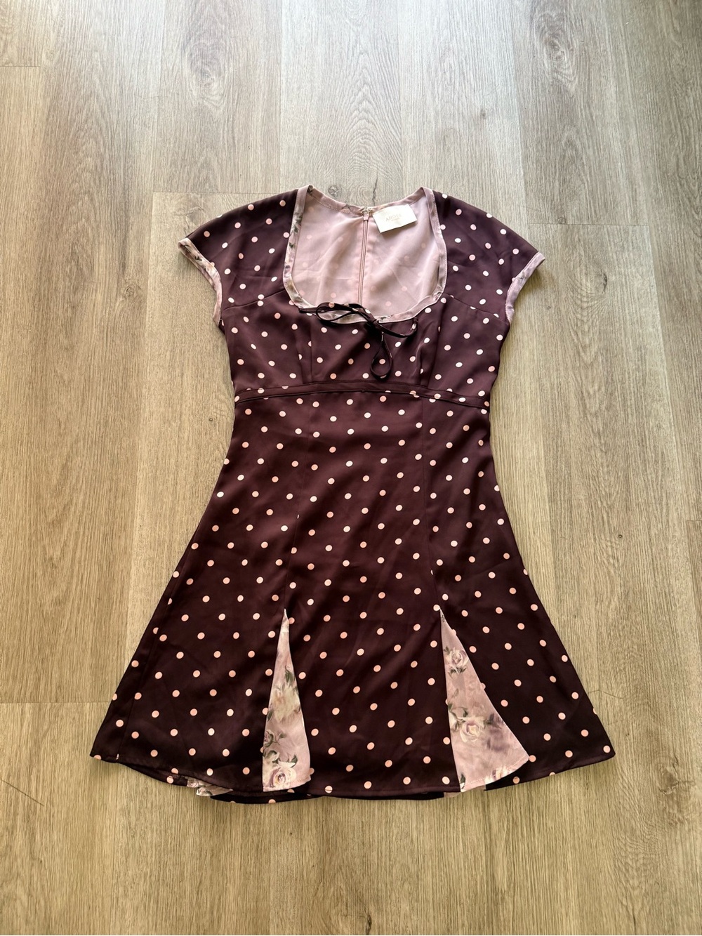 Arose studio brown & pink polka dot A-line tie detail mini dress size small NEW